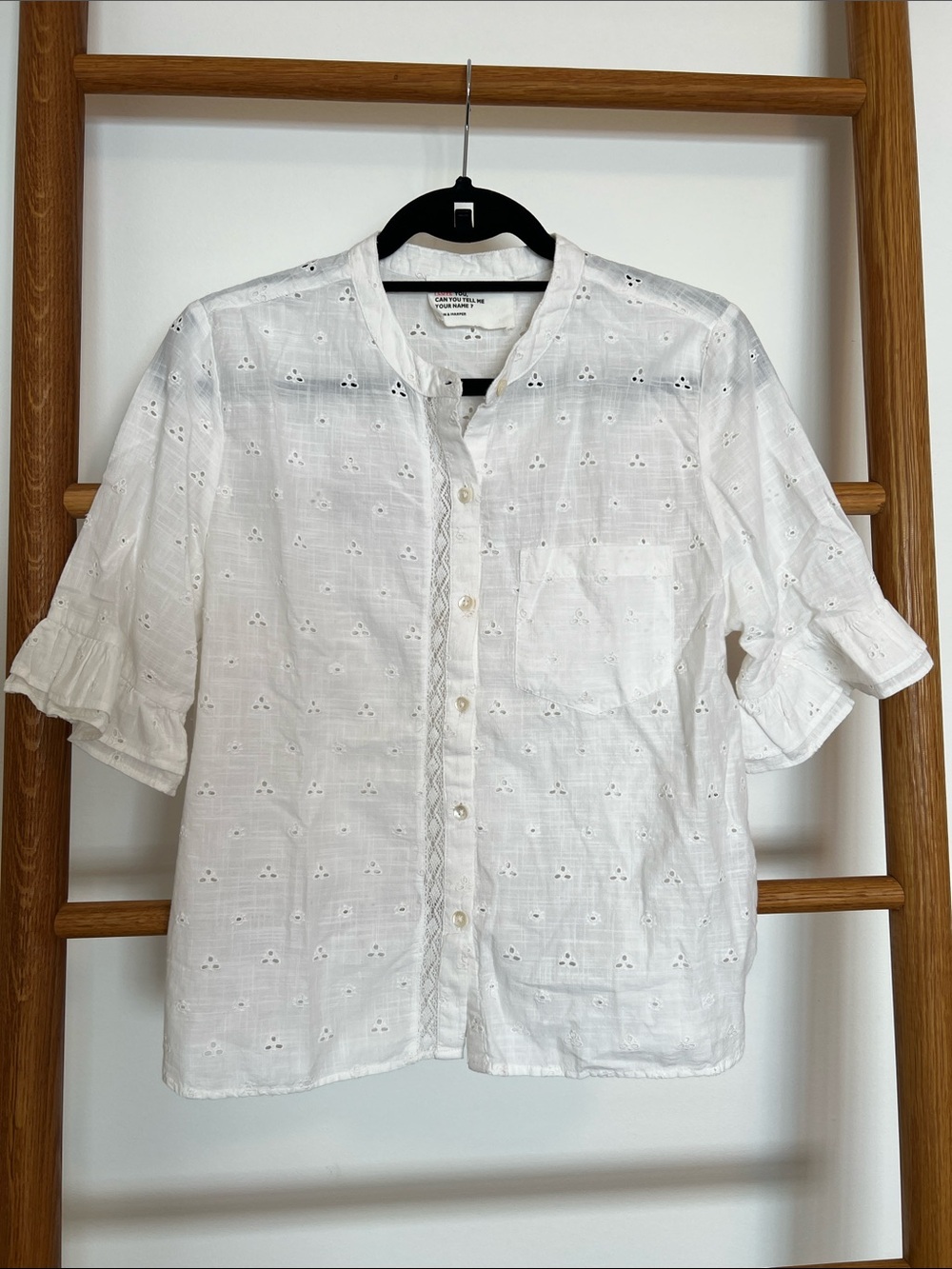 Leon & Harper White Eyelet Broderie Anglaise Cotton Ruffle Sleeve Top Blouse